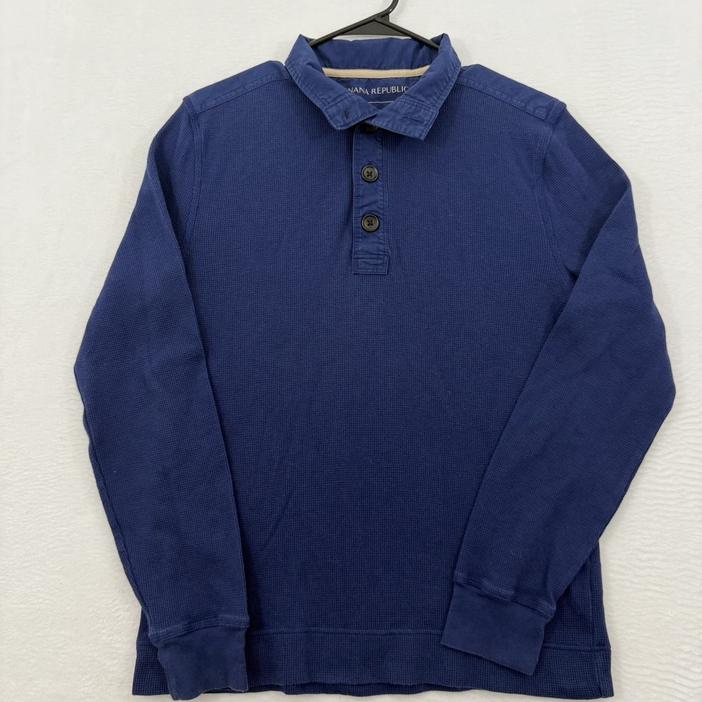 Banana Republic Shirt Men's Medium Blue Polo Henley‎ Micro Waffle Knit Stretch